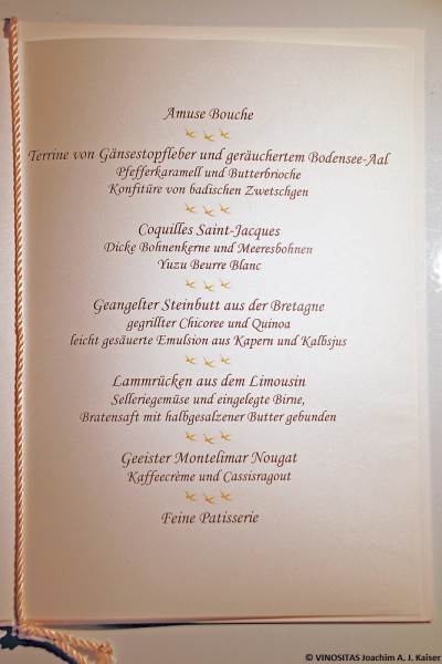 Begleitendes Menü der Villa Hammerschmiede zur Verkostung gereifter Champagner am 28.09.2013